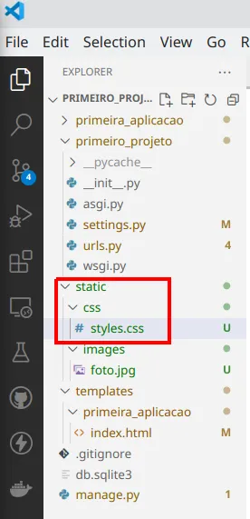 Explorer do VS Code com static/css/styles.css em destaque