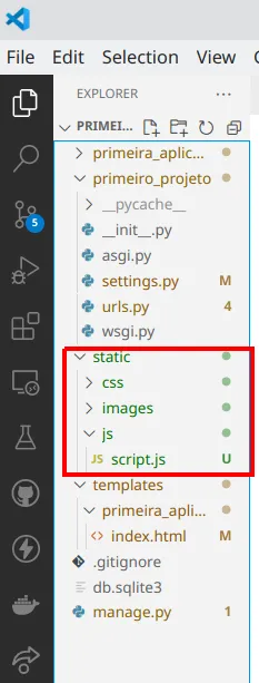 Explorer do VS Code com static/js/script.js em destaque