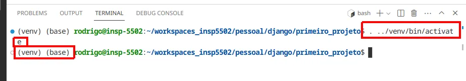 Terminal interno do VS Code com a ativação por ../venv/bin/activate e o prefixo (venv) em destaque