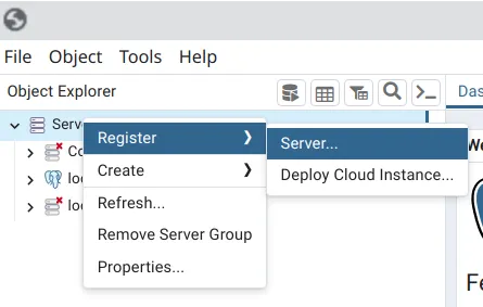 pgAdmin com o menu de contexto de Servers aberto e a opção Register > Server em destaque