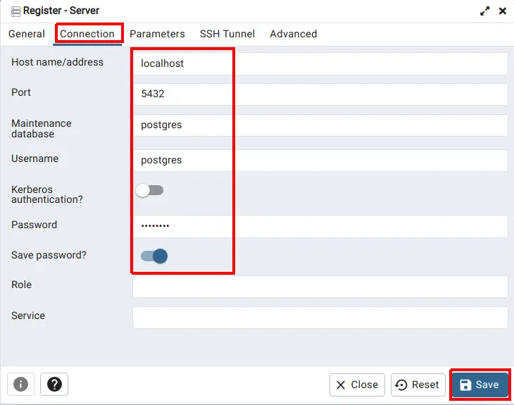 Aba Connection da janela Register - Server com Host localhost, porta 5432, banco postgres, usuário postgres e senha, e o botão Save em destaque
