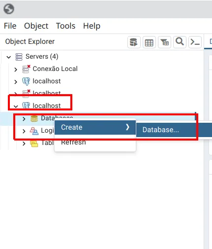pgAdmin com o menu de contexto de Databases aberto e a opção Create > Database em destaque