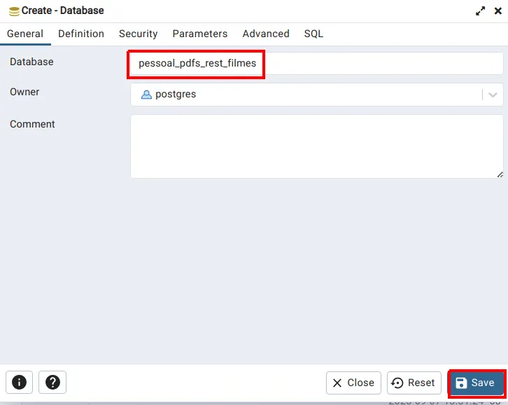 Janela Create - Database com o nome pessoal_pdfs_rest_filmes e o botão Save em destaque