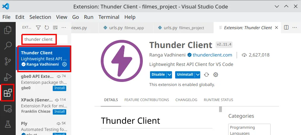 Página da extensão Thunder Client no VS Code