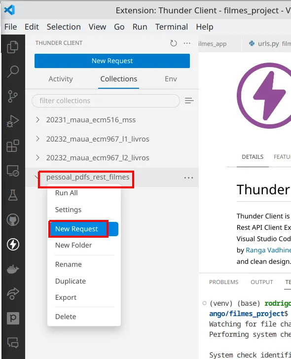 Menu de contexto de uma coleção da Thunder Client com a opção New Request em destaque