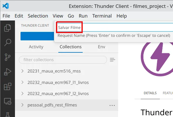 Campo de nome da requisição preenchido com "Salvar Filme" na coleção pessoal_pdfs_rest_filmes