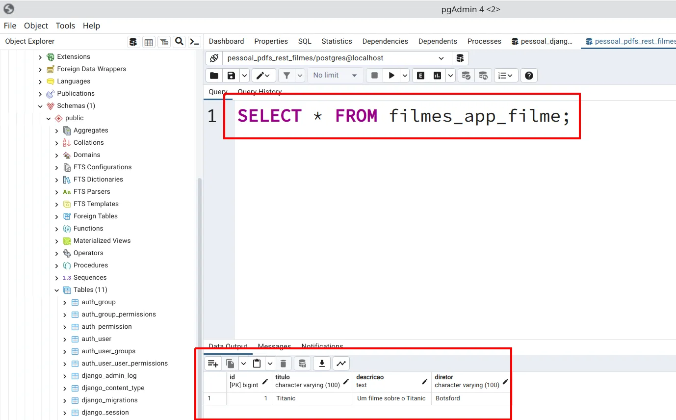 Query Tool com o SELECT e, no resultado, a linha do filme Titanic