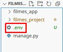 Explorer do VS Code com o arquivo .env na raiz do projeto, ao lado de manage.py