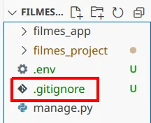 Explorer do VS Code com o arquivo .gitignore na raiz do projeto em destaque