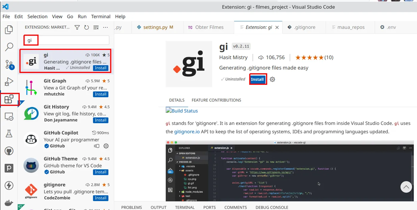 Aba de extensões do VS Code com a busca "gi" e a extensão gi, "Generating .gitignore files made easy", com o botão Install em destaque