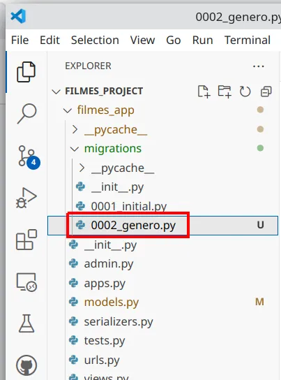 Explorer do VS Code com o arquivo migrations/0002_genero.py em destaque