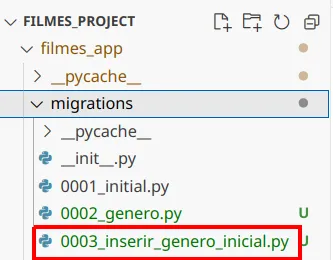 Explorer do VS Code com a pasta migrations contendo 0001_initial.py, 0002_genero.py e o novo 0003_inserir_genero_inicial.py em destaque