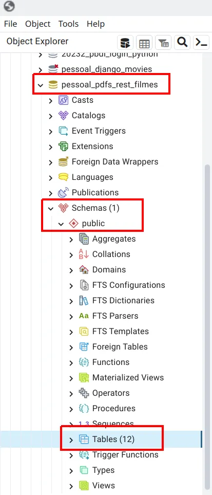 Árvore do pgAdmin com Schemas > public > Tables expandido e a tabela filmes_app_genero em destaque