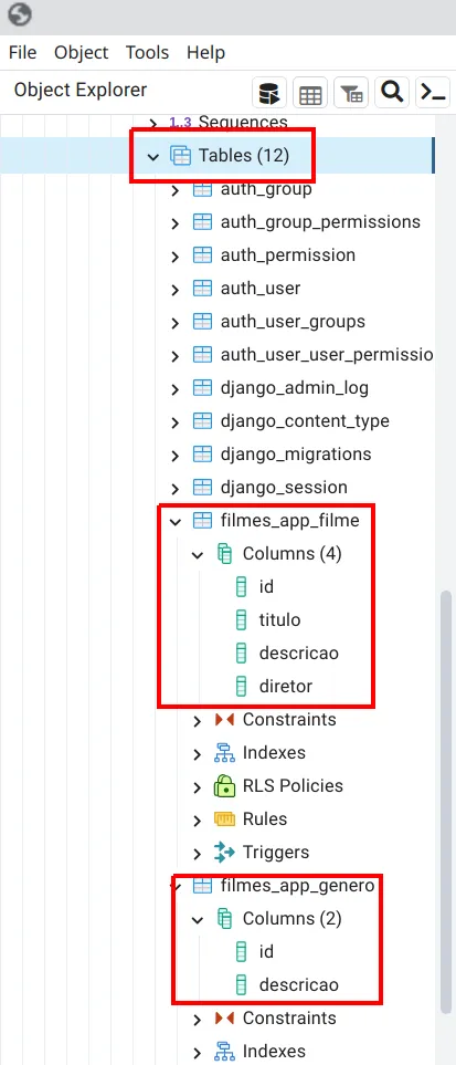 Árvore do pgAdmin com as colunas das tabelas filmes_app_filme e filmes_app_genero em destaque