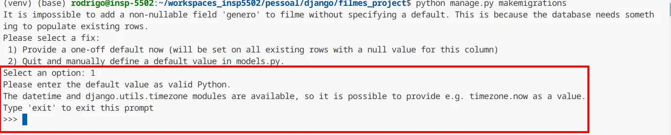 Terminal após escolher a opção 1, pedindo "Please enter the default value as valid Python"