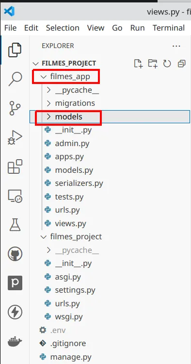 Explorer do VS Code com a pasta filmes_app/models criada