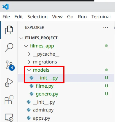 Explorer do VS Code com models/__init__.py, filme.py e genero.py