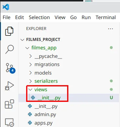 Explorer do VS Code com a pasta filmes_app/views e o arquivo __init__.py em destaque