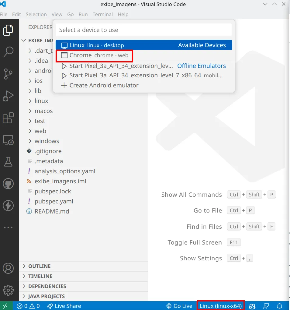 Menu "Select a device to use" do VS Code com as opções Linux e Chrome, com Chrome destacado, e a barra de status mostrando Linux (linux-x64)