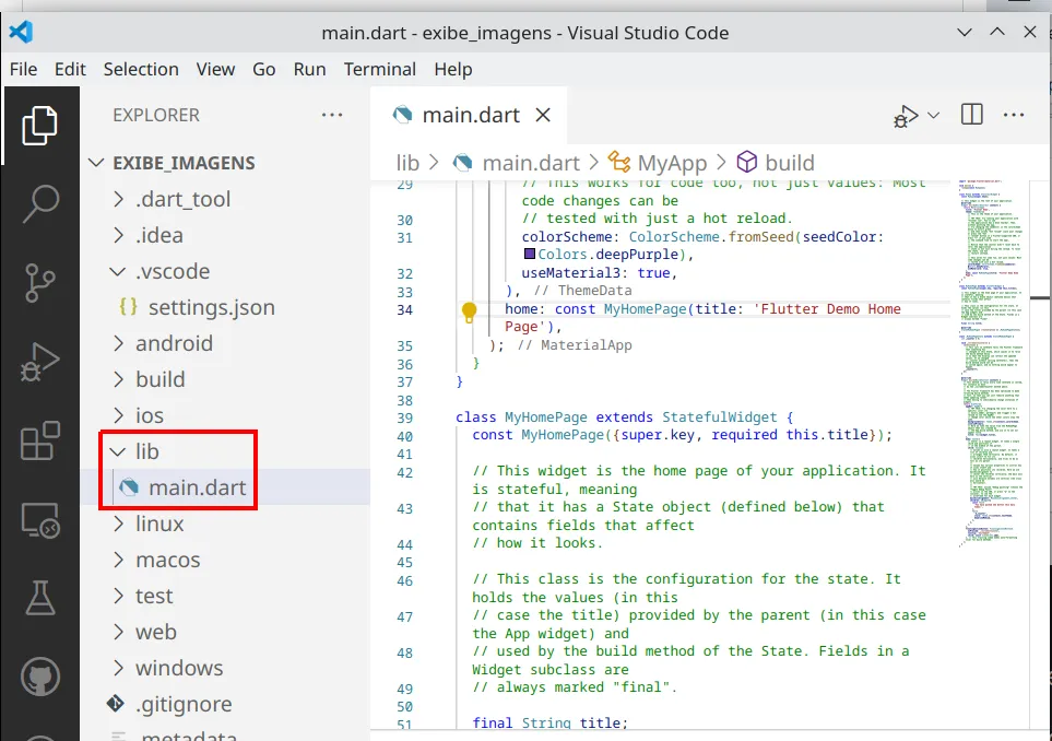 Explorer do VS Code com a pasta lib expandida e o arquivo main.dart destacado, aberto no editor
