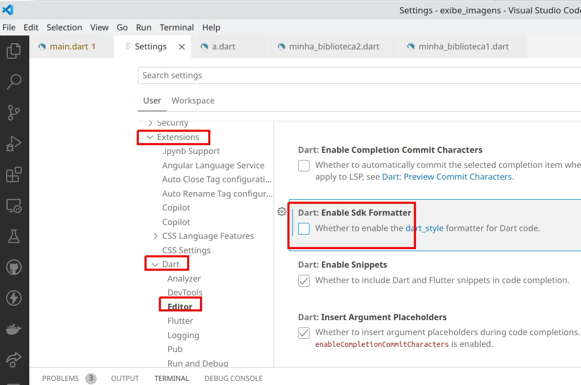 Tela de Settings do VS Code com Extensions, Dart e Editor destacados à esquerda e a opção Dart: Enable SDK Formatter destacada à direita