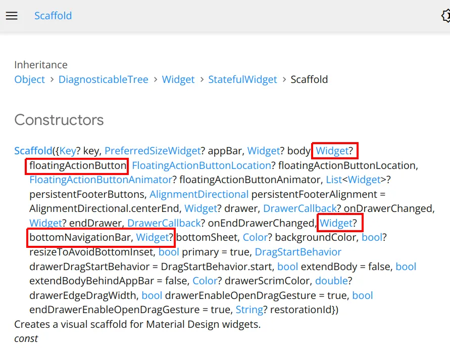 Documentação do construtor de Scaffold, com os parâmetros Widget? floatingActionButton e Widget? bottomNavigationBar destacados