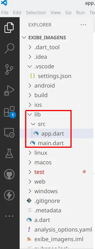Explorer do VS Code com lib/src/app.dart e lib/main.dart destacados