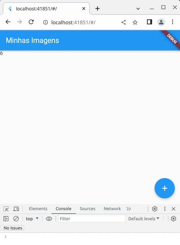 Aplicação "Minhas Imagens" com o Dev Tools aberto, depois de alguns cliques no botão flutuante