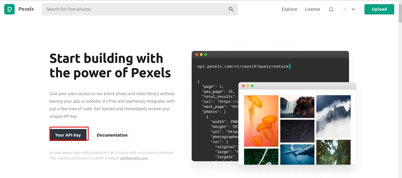 Página "Start building with the power of Pexels" com o botão Your API Key