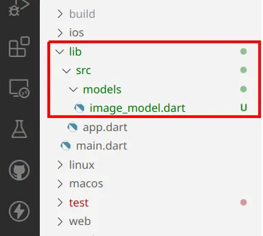 Explorer do VS Code com lib/src/models/image_model.dart destacado