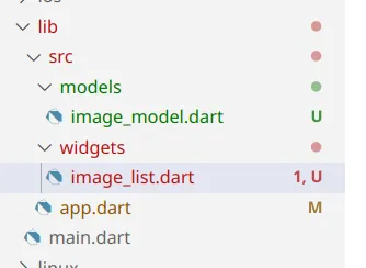 Explorer do VS Code com lib/src/models/image_model.dart, lib/src/widgets/image_list.dart, app.dart e main.dart