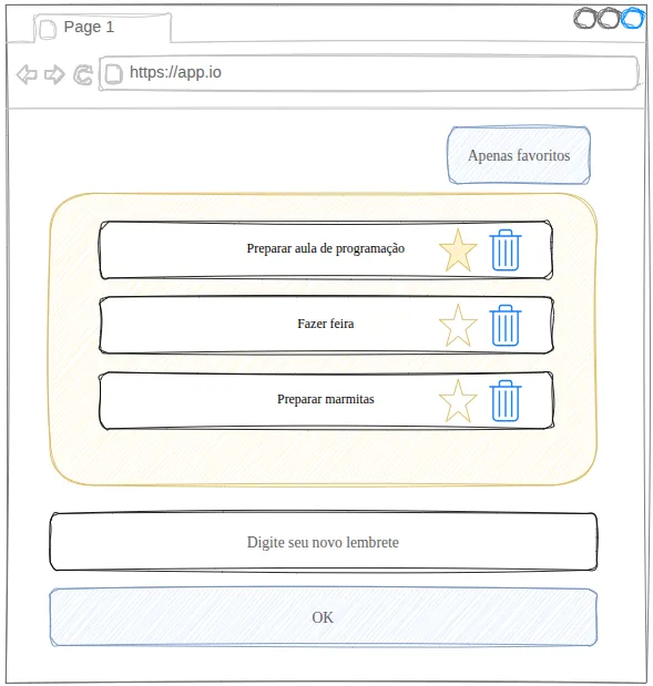 Protótipo desenhado à mão com um botão Apenas favoritos, a lista de lembretes Preparar aula de programação, Fazer feira e Preparar marmitas, cada um com ícones de estrela e lixeira, um campo Digite seu novo lembrete e um botão OK