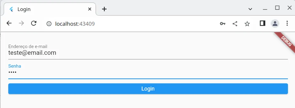 Tela de login com o e-mail teste@email.com, uma senha de quatro caracteres e o botão Login habilitado