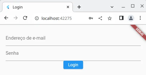 Tela com os campos de e-mail e senha e um pequeno botão Login centralizado, colado ao campo de senha