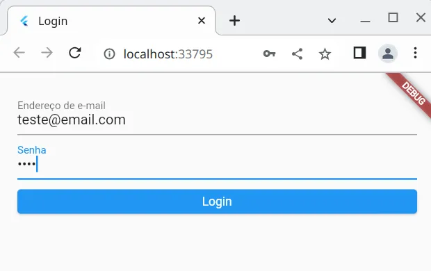 Tela de login com o e-mail teste@email.com e uma senha de quatro caracteres, sem mensagens de erro