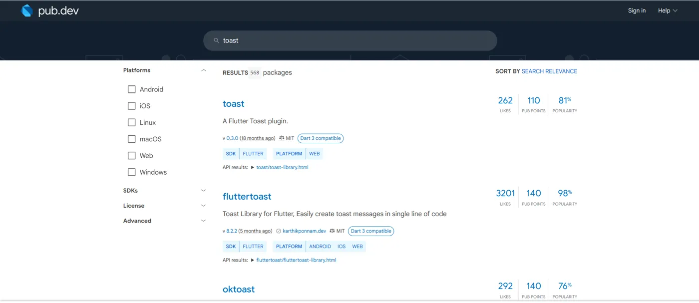 Resultados da busca por toast no pub.dev, com diversos pacotes listados, incluindo o fluttertoast