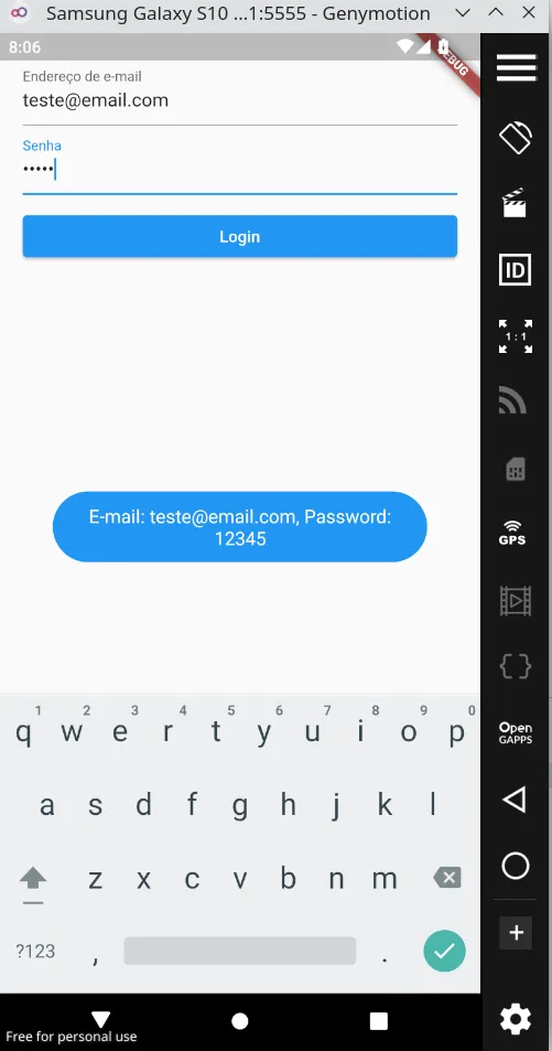 Aplicação em execução num emulador Android com os campos preenchidos e, no centro da tela, um Toast azul com o texto E-mail: teste@email.com, Password: 12345