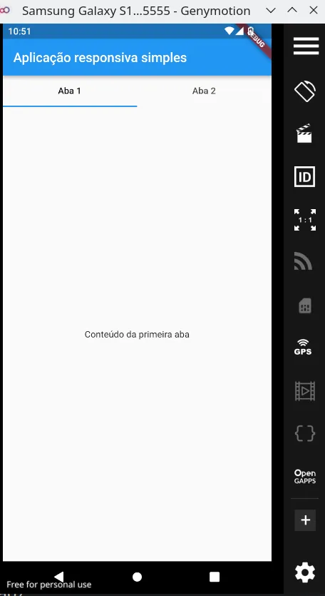 Aplicação no emulador em modo retrato, com a AppBar Aplicação responsiva simples, as abas Aba 1 e Aba 2 e o conteúdo da primeira aba