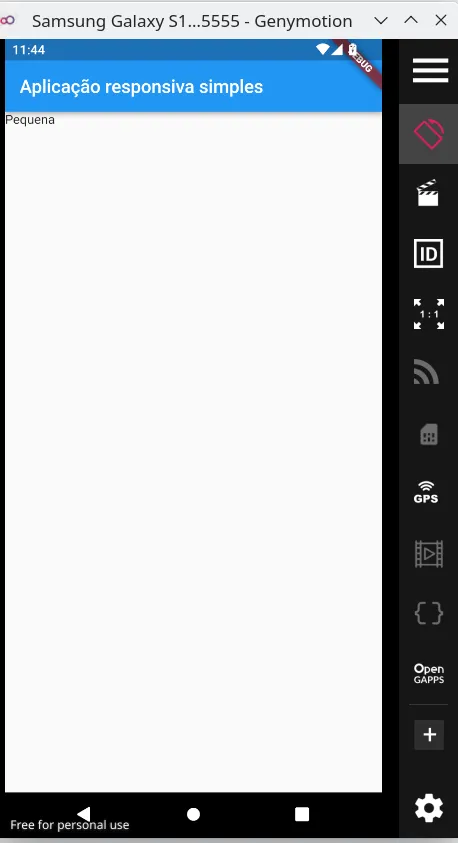 Emulador em modo retrato exibindo a AppBar e o texto Pequena