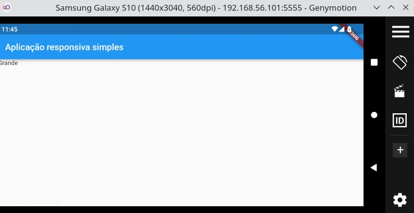 Emulador em modo paisagem exibindo a AppBar e o texto Grande