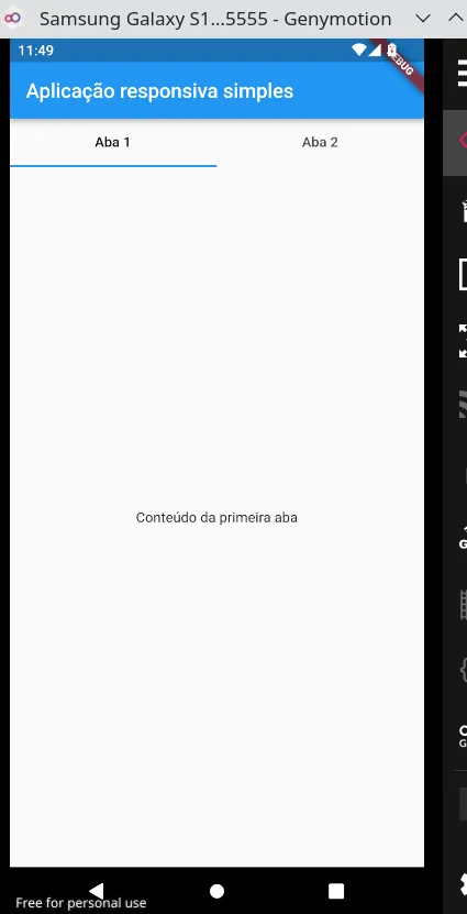 Emulador em modo retrato exibindo as abas Aba 1 e Aba 2 e o texto Conteúdo da primeira aba