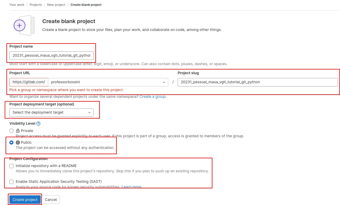 Formulário Create blank project com o nome do projeto, a visibilidade pública e as opções de configuração do projeto desmarcadas