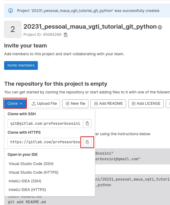 Página do projeto vazio com o menu Clone aberto e o botão de copiar do link Clone with HTTPS destacado
