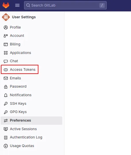 Menu User Settings do GitLab com a opção Access Tokens destacada