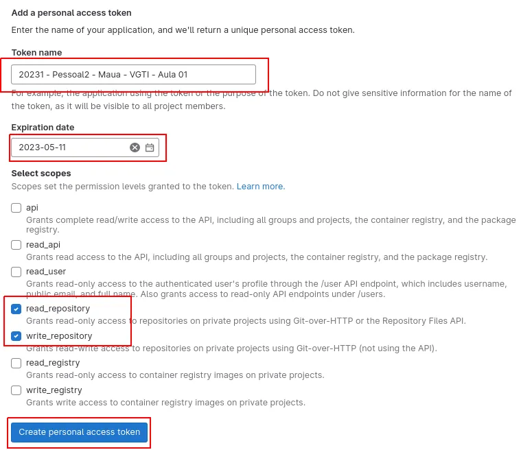 Formulário Add a personal access token com nome, data de expiração e os escopos read_repository e write_repository marcados