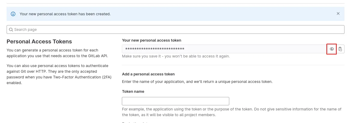 Mensagem Your new personal access token has been created, com o token oculto e o botão de exibir destacado