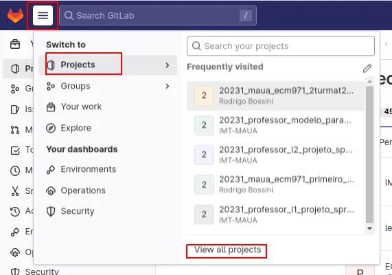 Menu principal do GitLab com Projects e o link View all projects destacados