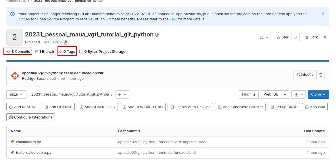 Página do projeto no GitLab com os arquivos calculadora.py e teste_calculadora.py e o contador de tags em 0 destacado