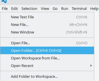Menu File do VS Code com a opção Open Folder destacada