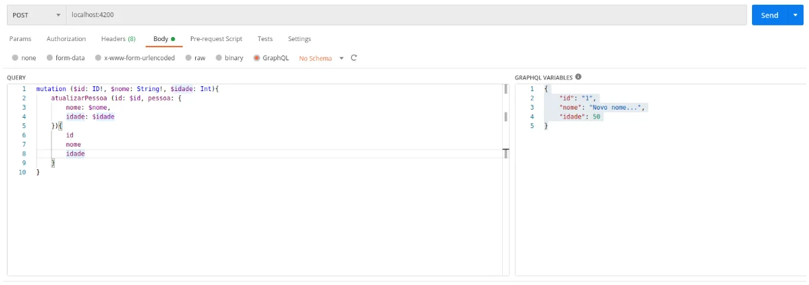 Postman com requisição POST para localhost:4200, Body GraphQL com a mutation atualizarPessoa no campo QUERY e o objeto de variáveis no campo GRAPHQL VARIABLES